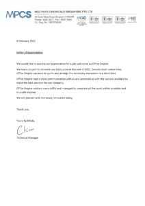 office renovation singapore best reliable commercial office renovation contractor singapore review testimonials - MGC Pure Chemicals Singapore Pte Ltd