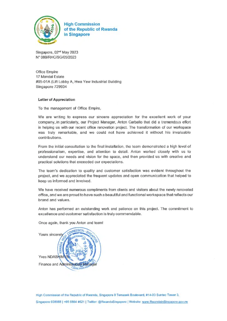 office-renovation-singapore-best-reliable-commercial-office-renovation-contractor-singapore-review-testimonials-High Commission of the Republic of Rwanda in Singapore