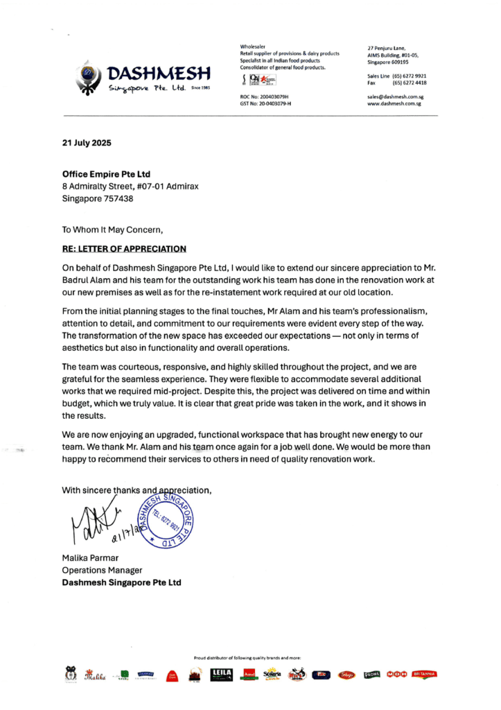 office renovation contractor singapore review Dashmesh Singapore Pte Ltd