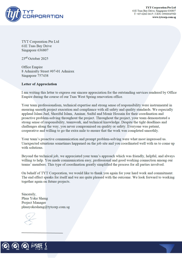 office renovation contractor singapore review TYT Corporation Pte Ltd