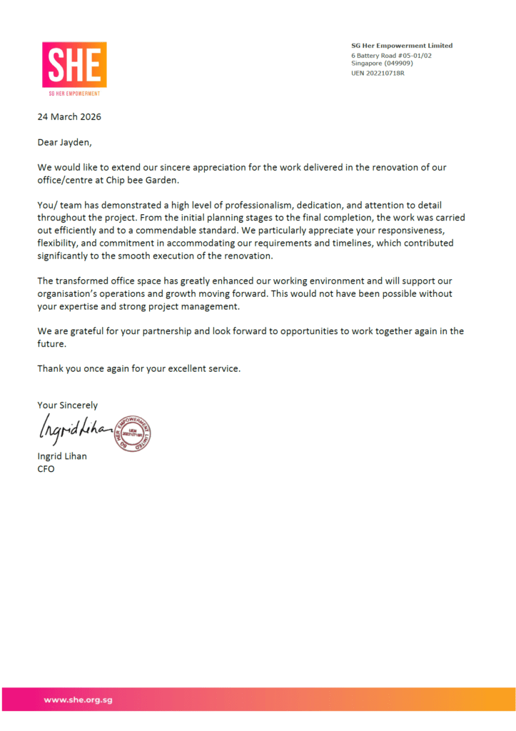 Office renovation review and testimonial for Office Empire by Sg Her Empowerment Limited